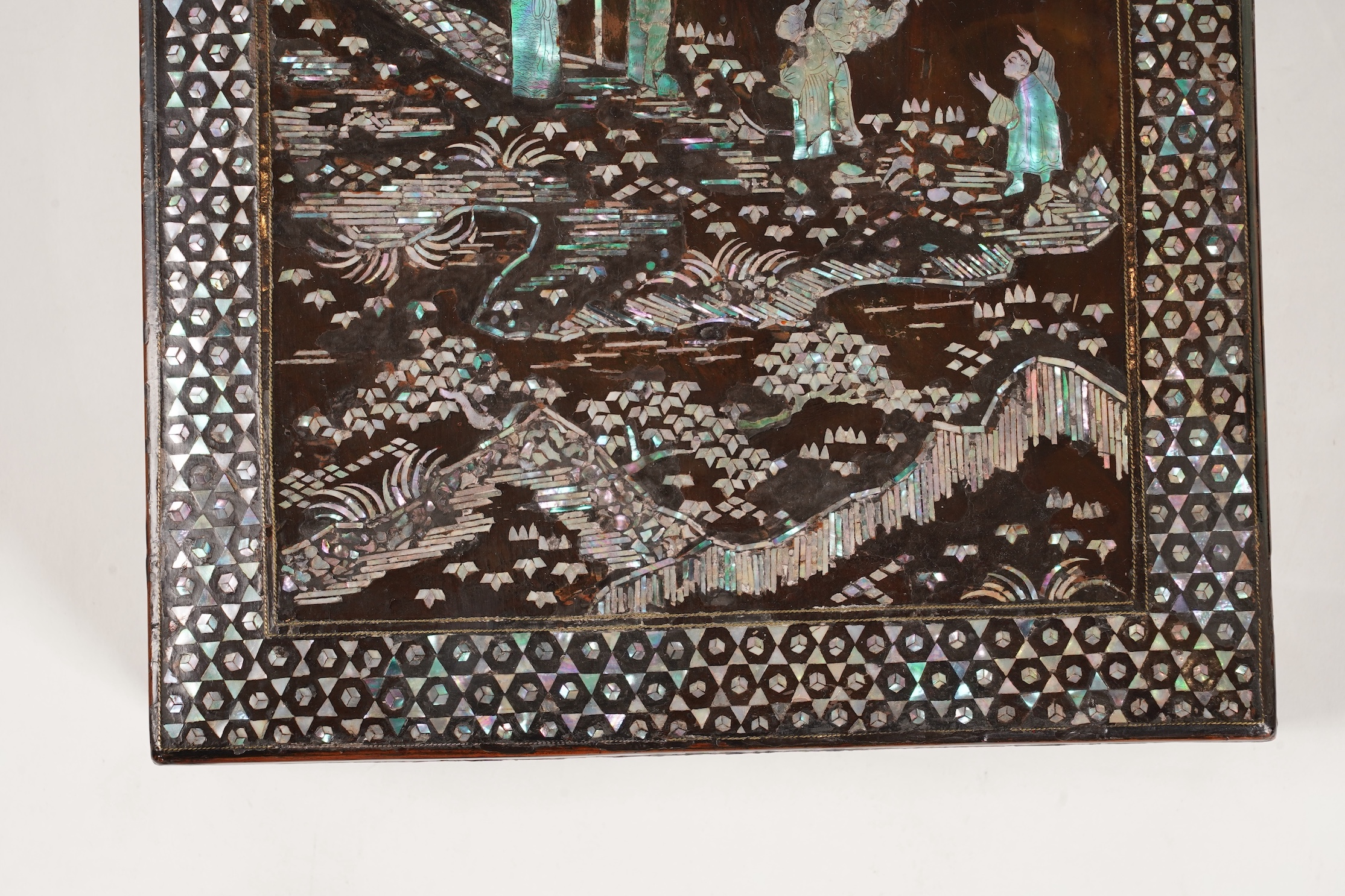 A Chinese Ming mother-of-pearl inlaid lacquer document box and cover, 15th century